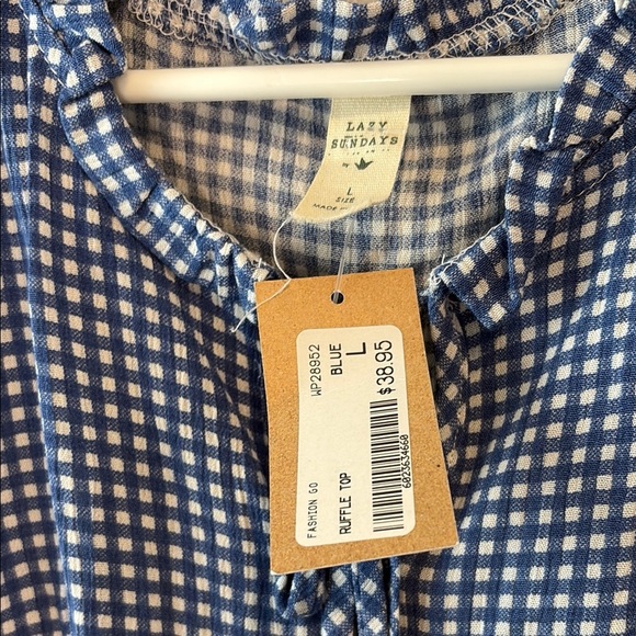 Lazy Sundays Blue and White gingham Ruffled Flutter Sleeve Blouse - Picture 2 of 7